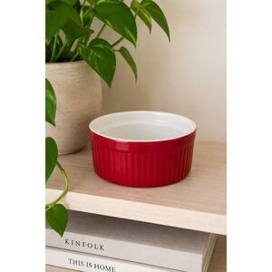 Vintage Emile Henry Red Souffle Dish French Stoneware Ribbed Baking Dish Cooking